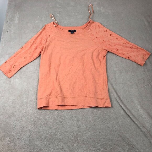 Chaps Denim Womens Blouse Medium Coral 3/4 Sleeve Embroidered Eyelet Floral Boho - Picture 12 of 13